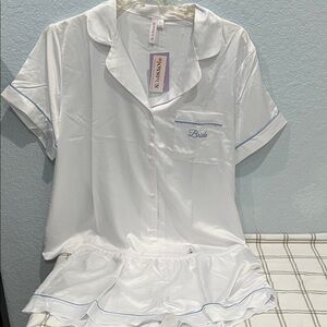 Women's White Bride Satin Pajama Set with Blue Trim